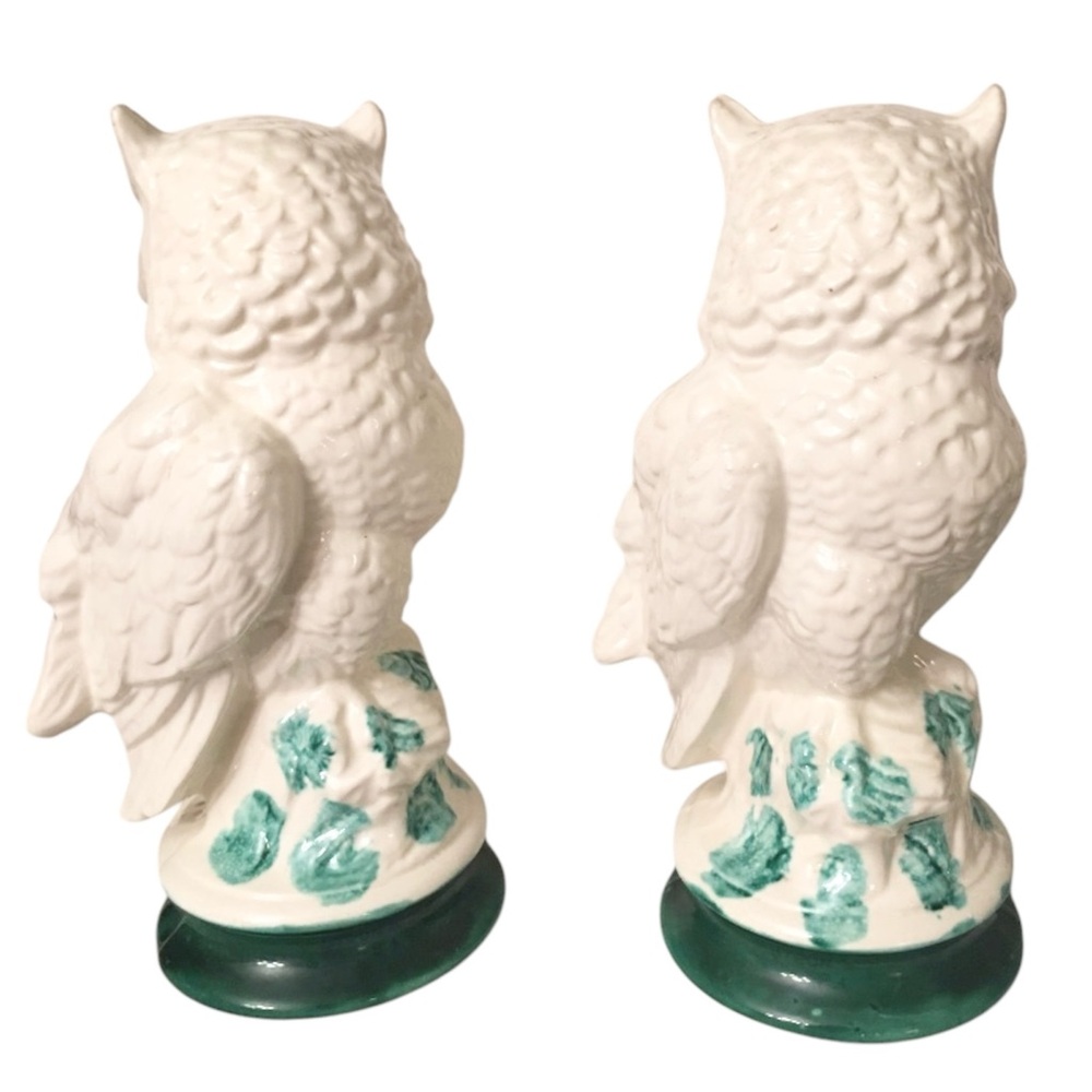 Elegant White Owl Figurines with Green Accents - Picture 3 of 4